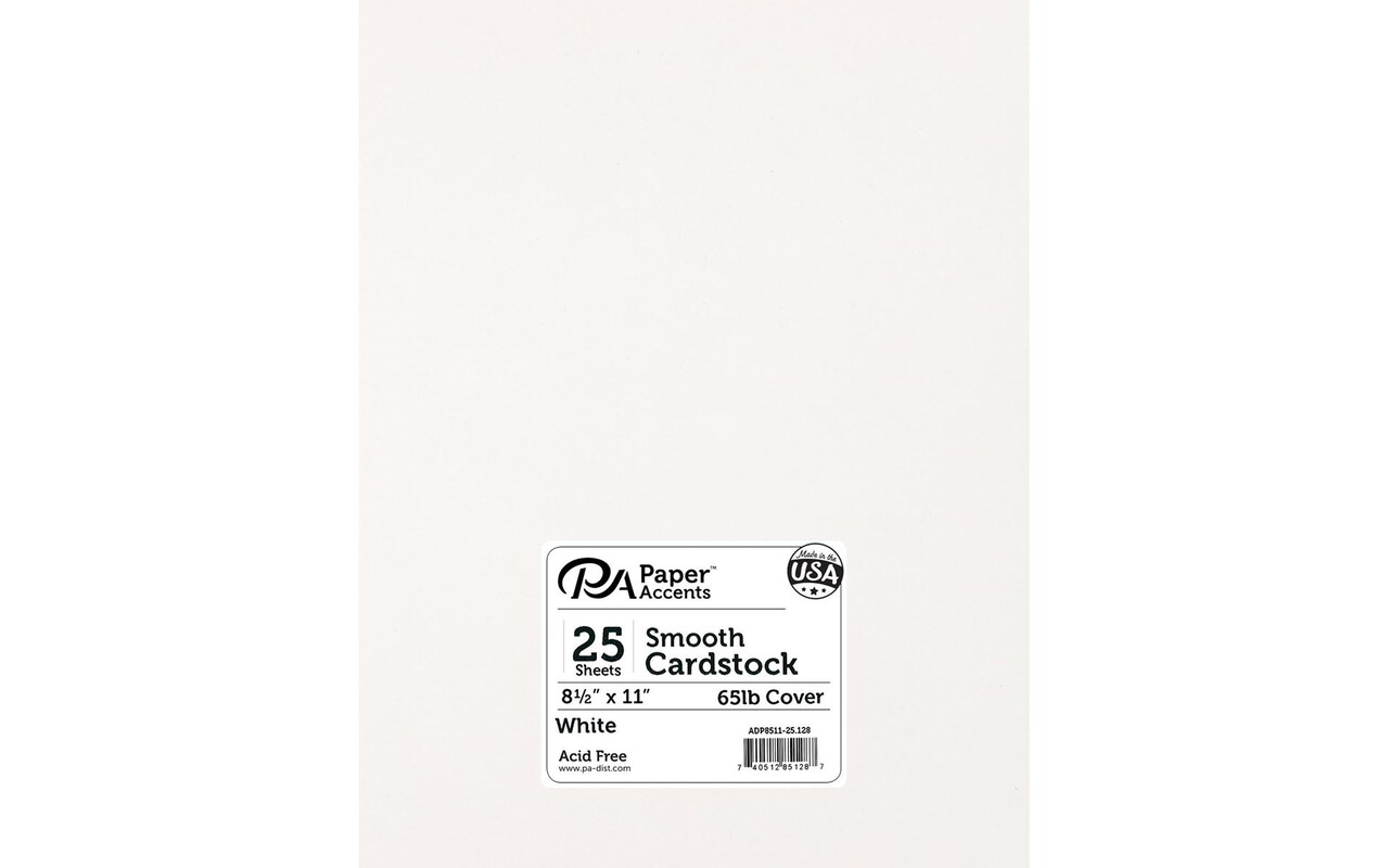 PA Paper Accents Smooth Cardstock 8.5" x 11" White, 65lb colored cardstock paper for card making, scrapbooking, printing, quilling and crafts, 25 piece pack